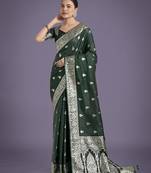 green silk blend banarasi jacuard work saree with unstitched blouse piece