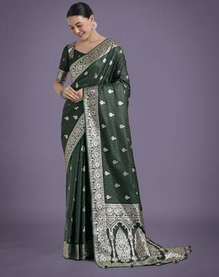 green silk blend banarasi jacuard work saree with unstitched blouse piece 2