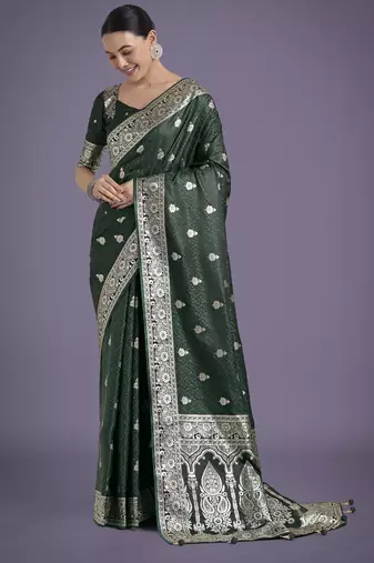 green silk blend banarasi jacuard work saree with unstitched blouse piece