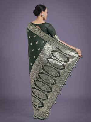 green silk blend banarasi jacuard work saree with unstitched blouse piece 3