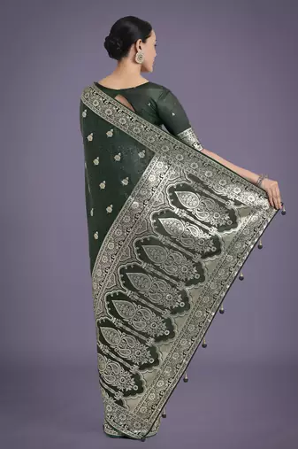 green silk blend banarasi jacuard work saree with unstitched blouse piece