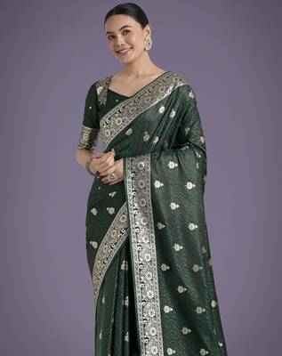 green silk blend banarasi jacuard work saree with unstitched blouse piece 4