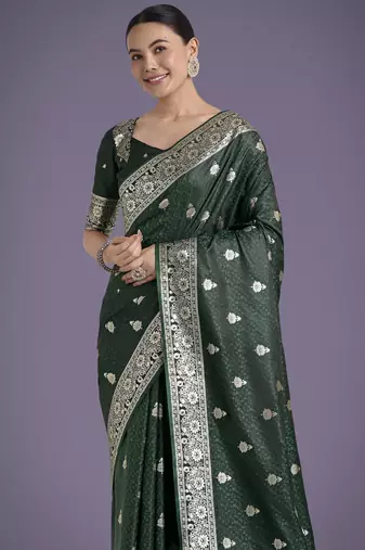 green silk blend banarasi jacuard work saree with unstitched blouse piece