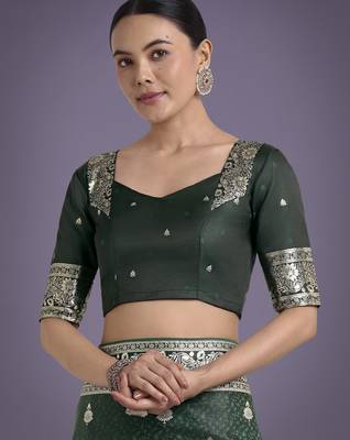 green silk blend banarasi jacuard work saree with unstitched blouse piece 5