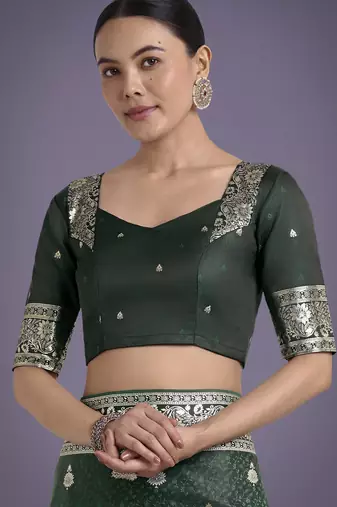 green silk blend banarasi jacuard work saree with unstitched blouse piece