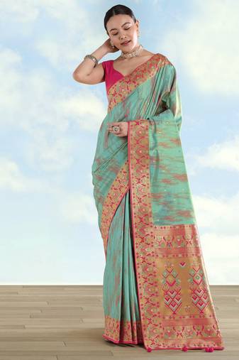 rama silk blend banarasi jacuard work saree with unstitched blouse piece