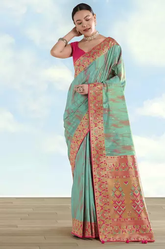 rama silk blend banarasi jacuard work saree with unstitched blouse piece