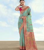 rama silk blend banarasi jacuard work saree with unstitched blouse piece
