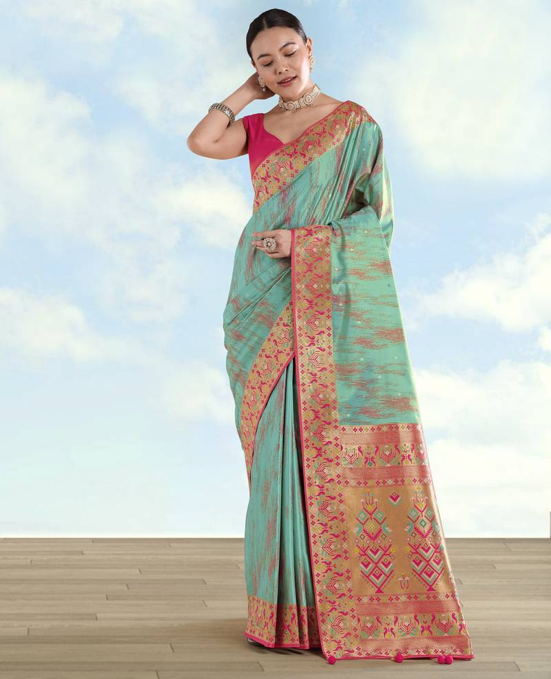 rama silk blend banarasi jacuard work saree with unstitched blouse piece