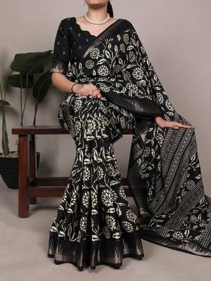 Black art silk printed saree with floral print 1