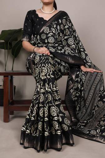 Black art silk printed saree with floral print