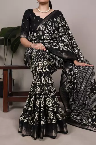 Black art silk printed saree with floral print