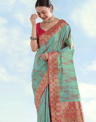 rama silk blend banarasi jacuard work saree with unstitched blouse piece 2