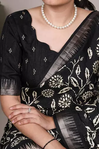 Black art silk printed saree with floral print