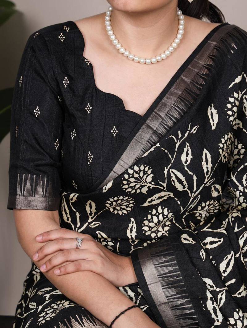 Black art silk printed saree with floral print