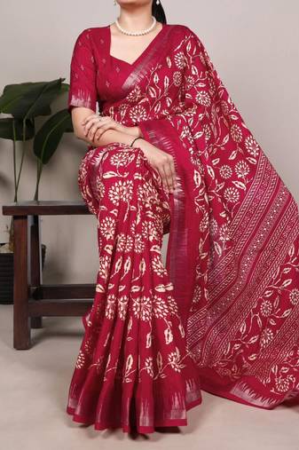Crimson art silk printed saree with floral print