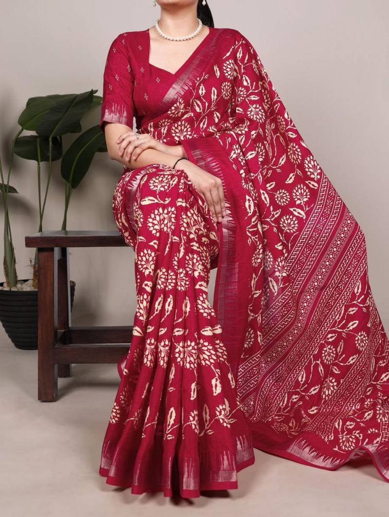 Crimson art silk printed saree with floral print