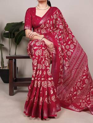 Crimson art silk printed saree with floral print 1