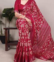 Crimson art silk printed saree with floral print