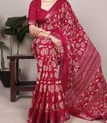 Crimson art silk printed saree with floral print