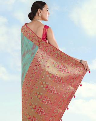 rama silk blend banarasi jacuard work saree with unstitched blouse piece 3