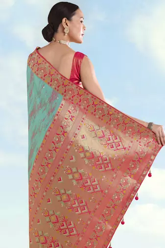 rama silk blend banarasi jacuard work saree with unstitched blouse piece