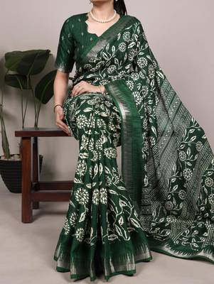 Green art silk printed saree with floral print 1