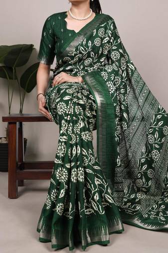 Green art silk printed saree with floral print