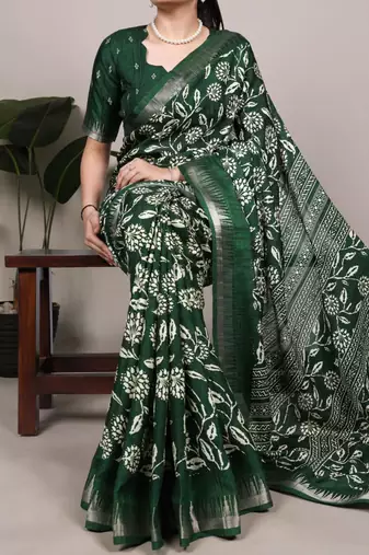 Green art silk printed saree with floral print