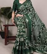 Green art silk printed saree with floral print