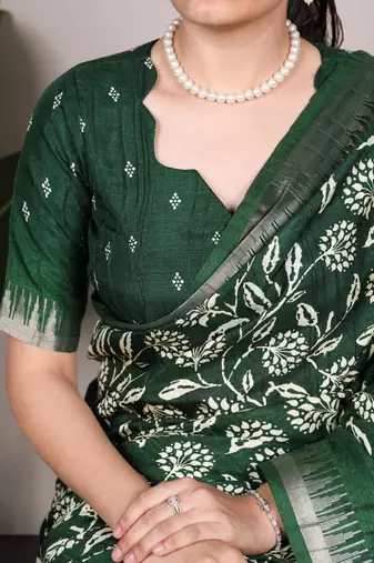 Green art silk printed saree with floral print