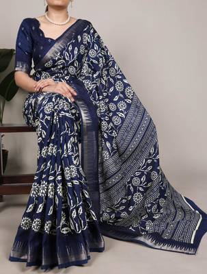 Navy blue art silk printed saree with floral print 1