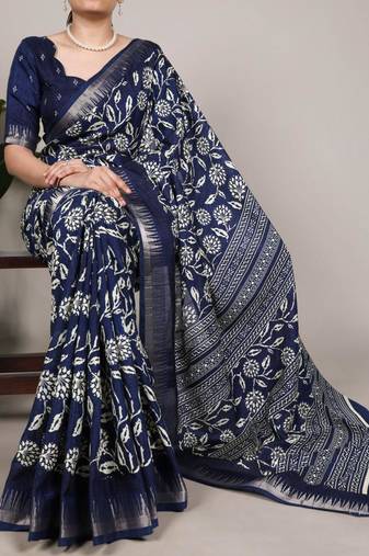 Navy blue art silk printed saree with floral print