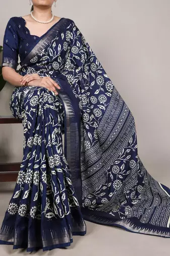 Navy blue art silk printed saree with floral print