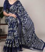 Navy blue art silk printed saree with floral print
