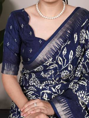Navy blue art silk printed saree with floral print 2