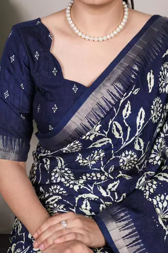 Navy blue art silk printed saree with floral print