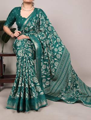 Green art silk printed saree with floral print 1