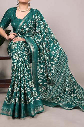 Green art silk printed saree with floral print