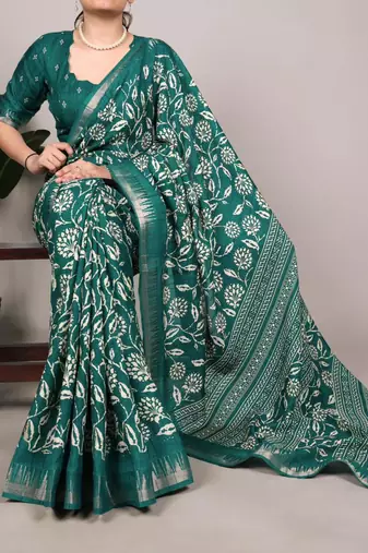 Green art silk printed saree with floral print