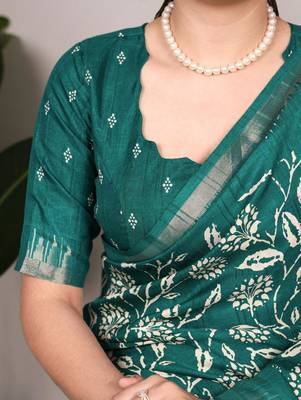 Green art silk printed saree with floral print 2