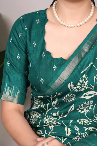 Green art silk printed saree with floral print