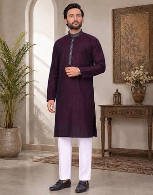 Purple color with linen fabric men's kurta payjama set 1
