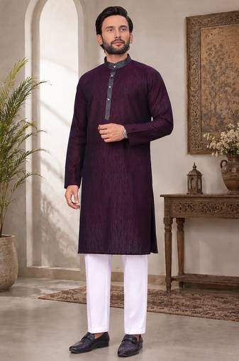 Purple color with linen fabric men's kurta payjama set