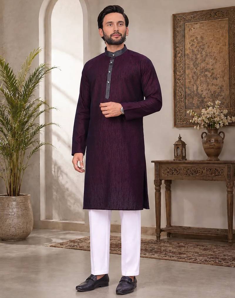 Purple color with linen fabric men's kurta payjama set