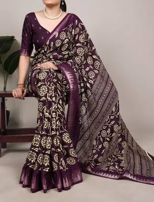 Wine art silk printed saree with floral print 1
