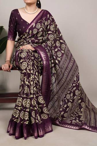 Wine art silk printed saree with floral print