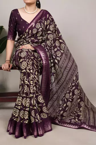 Wine art silk printed saree with floral print