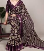Wine art silk printed saree with floral print