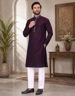 Purple color with linen fabric men's kurta payjama set 2
